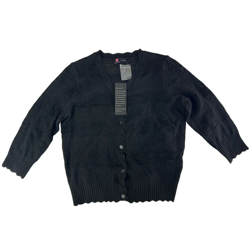 KANCY KOLE Women's XL Black Textured Button Front Knit Cardigan Sweater NWT